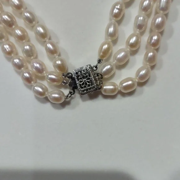 Freshwater Pearl Three Strand Necklace with sterling Silver Clasp, Nib - Picture 2 of 5